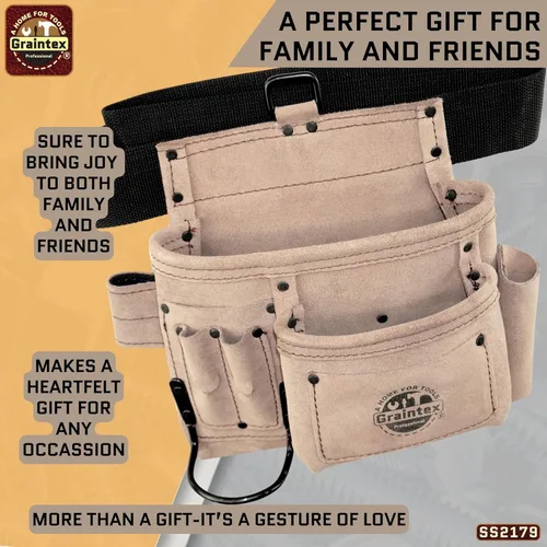 Vista 9 de Graintex 5 Pocket Suede Leather Tool Belt/Bag, Multipurpose Leather Tool Belt for Women and Men, Ideal for Construction, Electrician, Handymen Beige