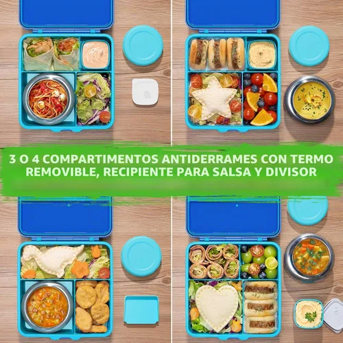 Vista 4 de Fimibuke Lonchera Bento para Niños y Adultos, Contenedor de Lonchera para Niños Pequeños de 3-4 Compartimentos 60OZ con Frasco de Comida Aislado a