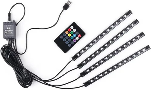 Vista 3 de Tira de luces LED para automóvil, 4 luces interiores de control de aplicación, luces de tira de luz multicolor para automóvil debajo del tablero