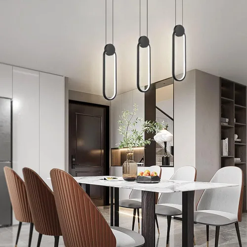 Vista 5 de Lámparas colgantes LED negras modernas, paquete de 2 unidades, diseño minimalista, iluminación colgante ovalada para isla de cocina, luz colgante