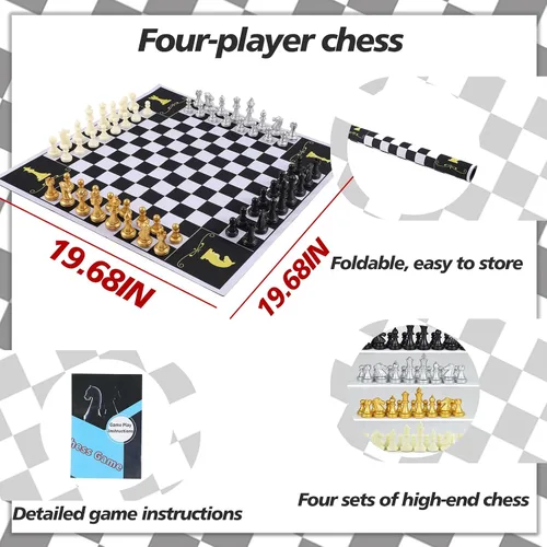 Vista 5 de Jyquorp Juego de mesa de ajedrez para 4 jugadores, juego de ajedrez para cuatro personas, juego de ajedrez único de equipo, material de alfombrilla