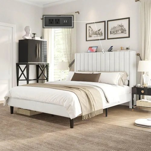 Vista 11 de VanAcc Base de cama tamaño Queen, plataforma tapizada de terciopelo con cabecera capitoné de canal, base de colchón con listones de madera,