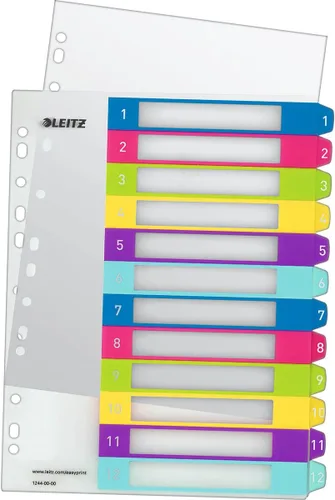 Vista 12 de Leitz Índice para A4, hoja de cubierta para PC y 12 divisores, pestañas con impresión numérica 1-12, extra anchas, blanco/negro, polipropileno, WOW