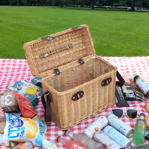 Vista 5 de Cesta de picnic de mimbre, cesta de almacenamiento rectangular con correa de transporte para camping, viajes, fiesta