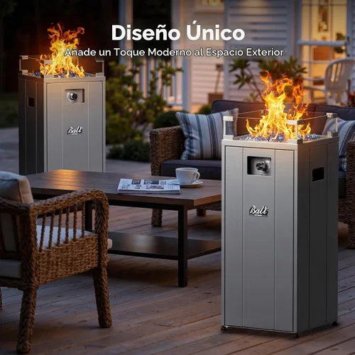 Vista 6 de BALI OUTDOORS Fogata de gas de 15 pulgadas Cuenco exterior de propano con protector de viento de vidrio, chimenea cuadrada para patio con piedra