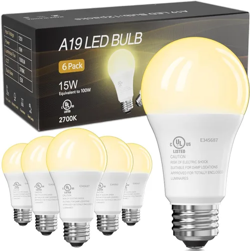 Vista 18 de Bombillas LED TJOY, equivalentes a 100 vatios A19, blanco cálido suave de 2700K, bombillas de ahorro energético con base estándar E26, 1500 lúmenes