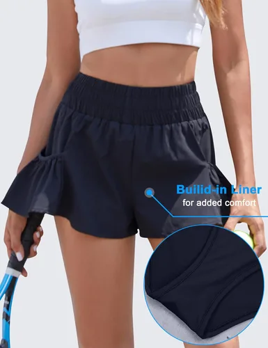 Vista 4 de BMJL Pantalones cortos de cintura alta para mujer, pantalones cortos atléticos para correr, entrenamiento, gimnasio, secado rápido, pantalones