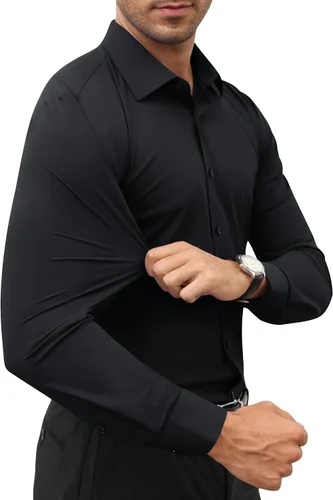 Vista 2 de Lion Nardo Camisas de vestir elásticas para hombre, de manga larga, ajuste musculoso, camisas de vestir para hombre, ajuste delgado, camisas