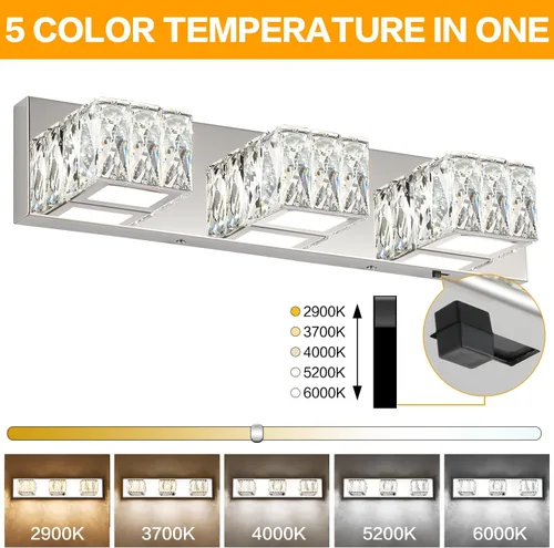 Vista 3 de Lámpara LED de baño – Moderna lámpara de tocador de cristal de 3 luces – Lámpara de pared cromada para baño 5CCT regulable