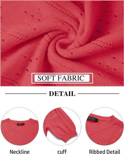 Vista 6 de MEROKEETY Suéter de manga corta abombada para mujer, cuello redondo, tejido de ganchillo, suave