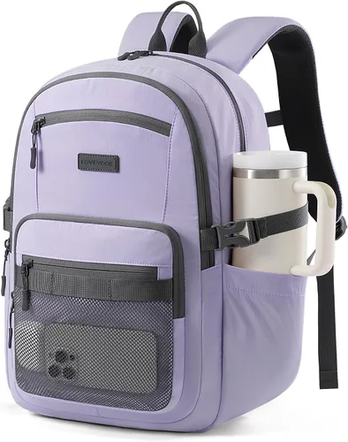 Vista 7 de LOVEVOOK Mochila para laptop para mujeres/hombres con correa de hebilla mejorada para portavasos y bolsillo de malla versátil, Negro, 15,6 pulg.