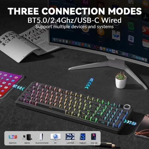 Vista 3 de AULA F99 Pro Teclado mecánico inalámbrico - Versión silenciosa, BT5.0/2.4GHz/USB-C Personalizable intercambiable en caliente, Estructura con junta