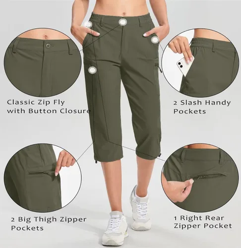 Vista 3 de TACVASEN Pantalones capri de senderismo para mujer, 5 bolsillos, ligeros, de secado rápido, debajo de la rodilla, pantalones cortos deportivos