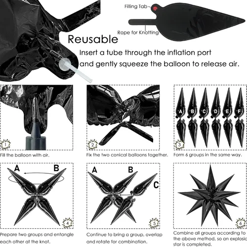 Vista 4 de ZAKVOOR 100 globos de papel de aluminio de estrella negra, forma de estrella explosiva, papel de aluminio premium, reutilizables, globos de fiesta