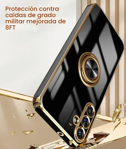Vista 7 de Dretal Funda para Samsung Galaxy A15 5G, protector de pantalla, soporte de anillo giratorio de 360°, soporte magnético, borde dorado plateado, funda