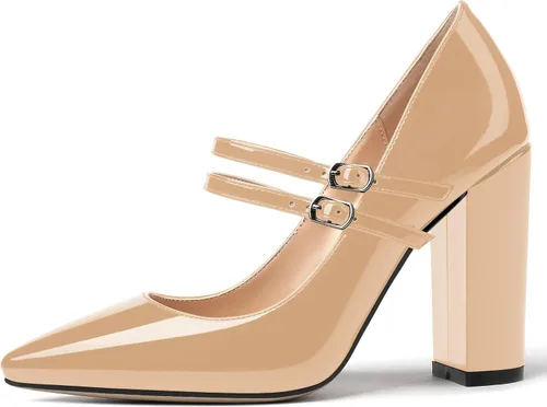 Vista 2 de MERRORI Vestido sólido con correa ajustable para mujer, con hebilla de patente, puntera puntiaguda, tacón alto, zapatos de 4 pulgadas Beige