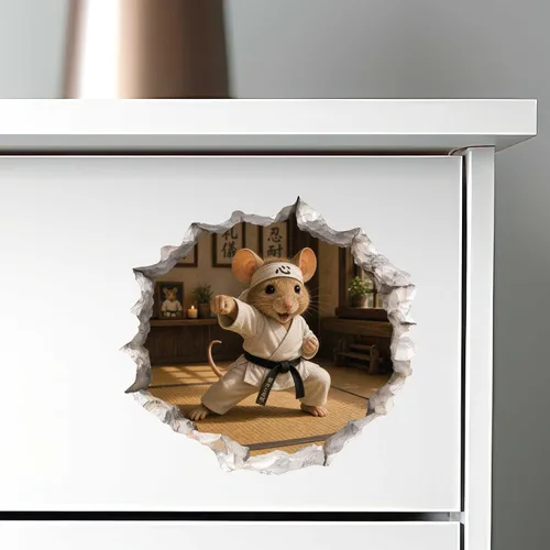 Vista 3 de Calcomanía de ratón de karate en agujero de ratón, adhesivo de pared 3D con agujero de ratón
