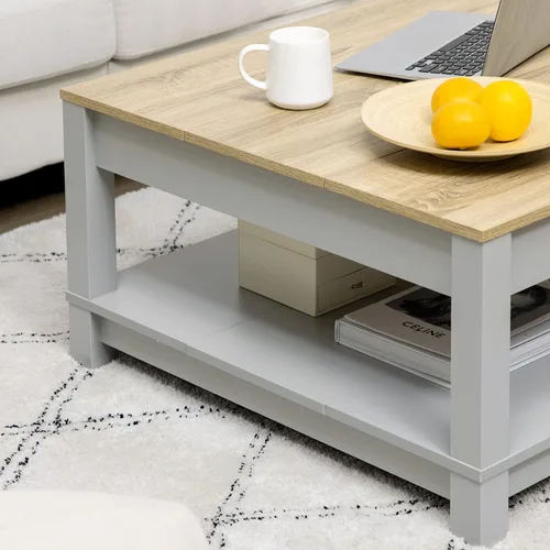 Vista 8 de HOMCOM Mesa auxiliar, mesa central de 2 niveles con estante de almacenamiento y parte superior texturizada de madera, mesa cuadrada para sala