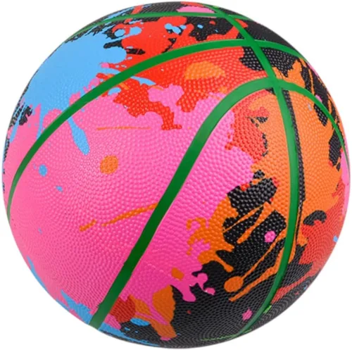 Vista 2 de Balón de baloncesto estilo salpicaduras de color salpicado de 9.5 pulgadas, baloncesto juvenil para uso en interiores o exteriores, goma duradera