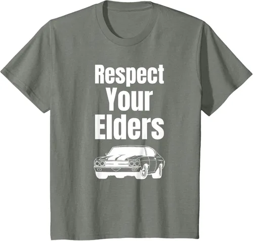Vista 100 de Divertido regalo de auto para chicos – Respect Your Elders Classic Muscle Car Camiseta, Negro, S