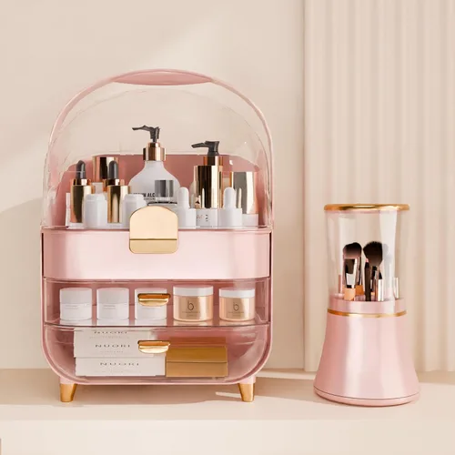 Vista 4 de Organizador de maquillaje para encimera con tapa y cajones, caja grande de exhibición de cosméticos para cuidado de la piel, soporte para escritorio