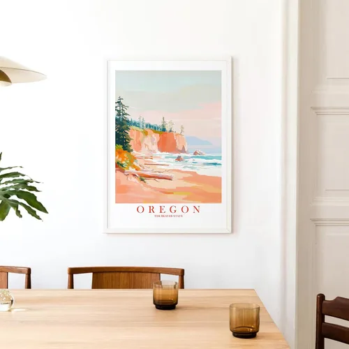 Vista 7 de ColorAndFlair Oregon Travel Print Coastal Ocean Pink Orange Wall Art Retro Poster Beaver State Souvenir Beach Painting (8x10 inches)