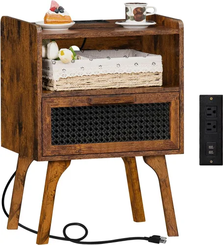 Vista 11 de Lerliuo Rattan Nightstand with Charging Station, Boho Night Stand Natural