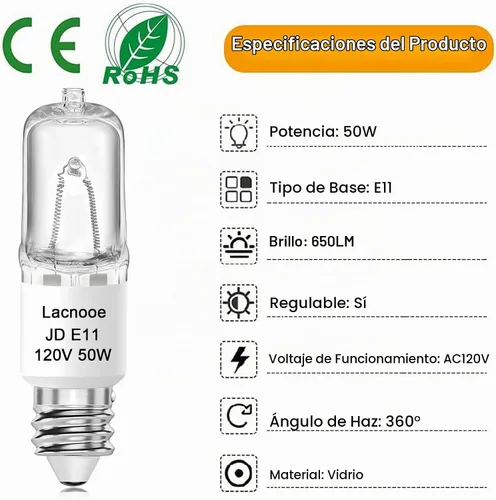Vista 3 de Bombilla E11, Bombillas de Luz Halógenas JDE11 120V 50W, Base de Mini Candelabro T4, Regulable 2700K Blanco Cálido, 4PCS Bombilla de Luz E11