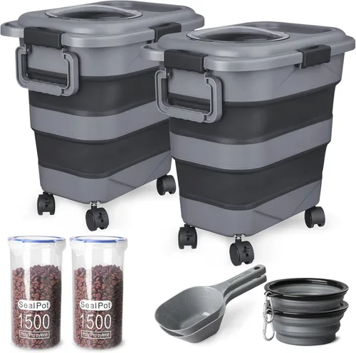 Vista 9 de Contenedor de almacenamiento de alimentos para perros, 10 a 20 libras, hermético, plegable, con ruedas acoplables, asa portátil, cuchara de comida