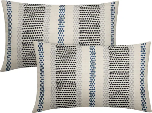 Vista 12 de Juego de 2 fundas de almohada negras y azules con rayas de puntos grises, decorativas para exteriores, estilo boho rústico, para sofá, cama, cojín