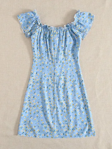 Vista 2 de Floerns Vestido de manga corta floral con volantes y lazo frontal para mujer
