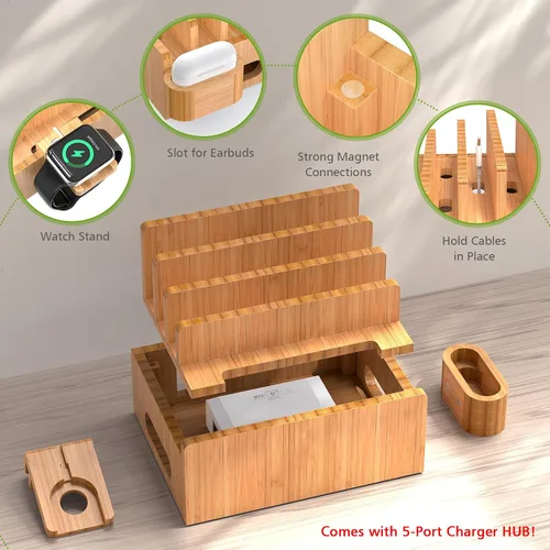 Vista 2 de Pezin & Hulin Estación de carga de bambú para múltiples dispositivos con cargador USB de 5 puertos, 5 cables, soporte para reloj y auriculares