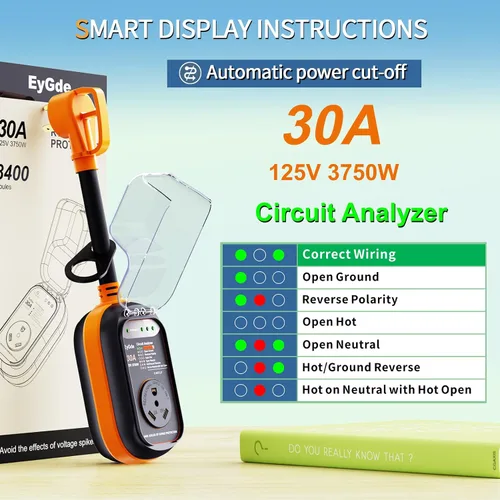 Vista 3 de EyGde Protector contra sobretensiones RV de 30 amperios, analizador de circuitos de 30 amperios con cubierta impermeable, protección de voltaje