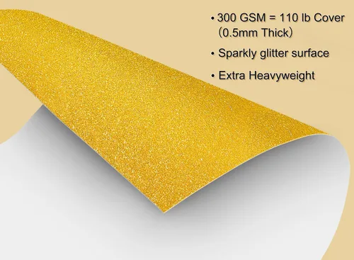 Vista 3 de Papel de cartulina dorado pesado con purpurina, 50 hojas (300 GSM = 110 libras de cubierta), papel con purpurina tamaño carta de 8.5 x 11 pulgadas