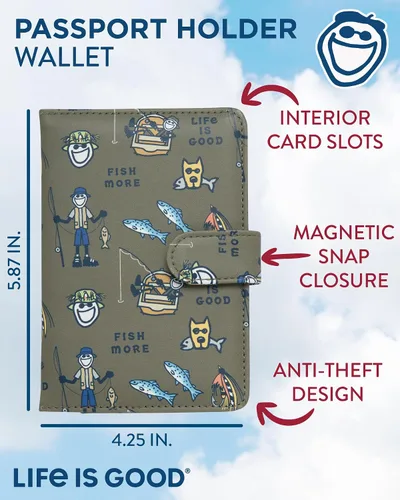 Vista 2 de Life is Good Travel Passport Cover - Anti-Theft Passport Holder Wallet with Interior Card Slots with Magnetic Snap Closure, Gone Fishing