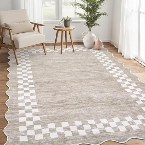 Vista 31 de GarveeHome Alfombra lavable de 5 x 7 pies para sala de estar, alfombra Beige festoneado