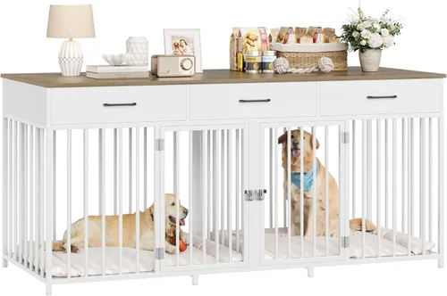 Vista 11 de HOSTACK Mueble doble para perros, perrera de 71 pulgadas de ancho para interiores con 3 cajones, jaula de granja para perros para 2 perros Gris