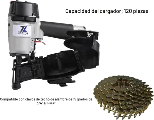 Vista 5 de Zeluga 28-145 Clavadora neumática de bobina para techos de 15 grados con capacidad de carga de 120 piezas. Kit de clavadora de bobina con protección