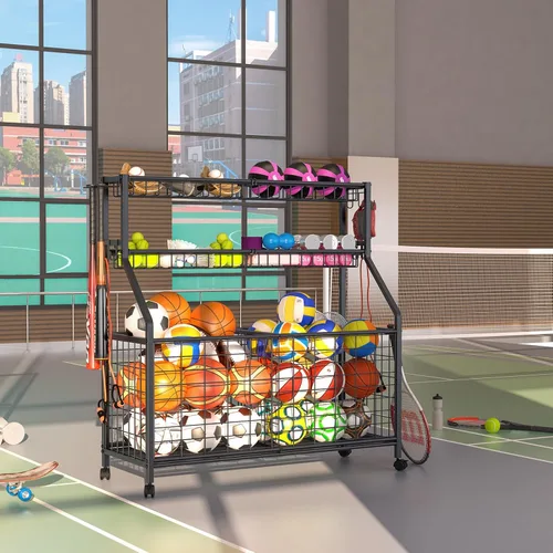 Vista 8 de Estante de almacenamiento de bolas, carrito organizador de equipo deportivo grande para garaje, gimnasio en casa, almacenamiento de equipo deportivo