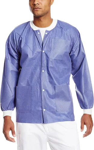 Vista 33 de Paquete de 10 chaquetas desechables de laboratorio, chaqueta médica reutilizable hasta la cadera, unisex, con puños de punto y bolsillos