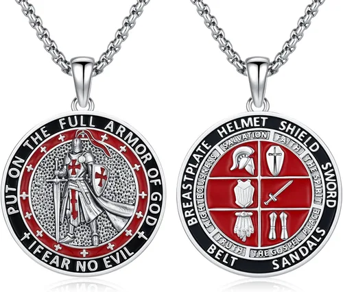Vista 44 de Collar con colgante de amuleto de medalla de San de plata 10A-St Michael Oval