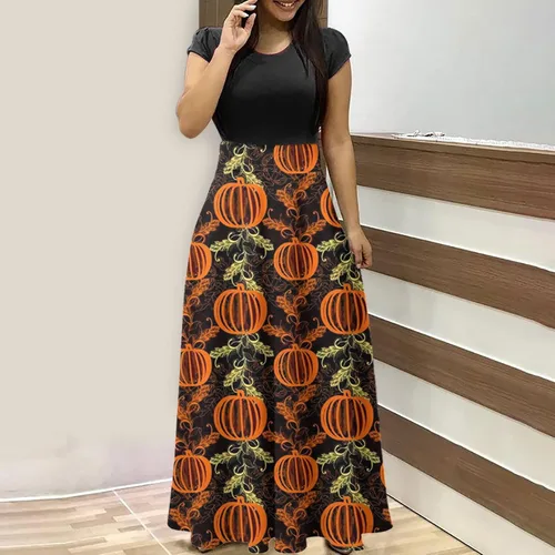 Vista 2 de Vestido largo con estampado de Halloween para mujer, manga corta, talla grande, holgado, para fiesta en la playa, cuello redondo, casual, vestido