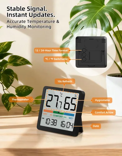 Vista 3 de NOKLEAD Termómetro higrómetro para interiores, mini monitor digital de temperatura y humedad de escritorio con indicador de comodidad y reloj