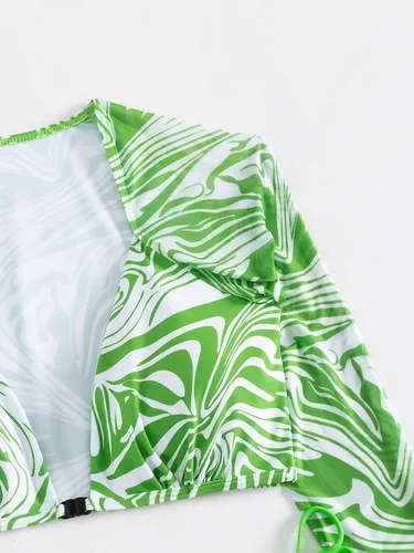 Vista 4 de MakeMeChic Traje de baño de dos piezas para mujer con estampado de manga larga