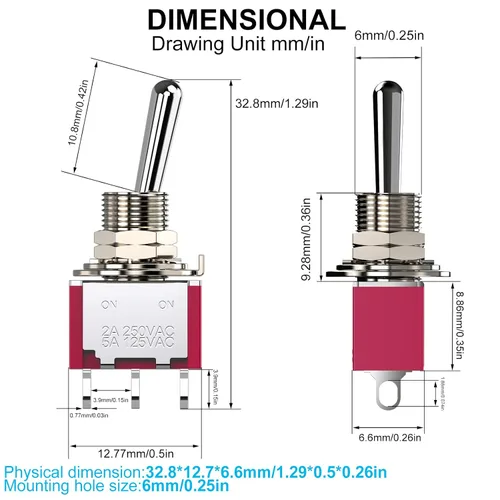 Vista 3 de Interruptor de palanca AC 5A/125V 2A/250V 3 pines On/On 2 Posiciones SPDT Mini Interruptor de palanca miniatura Tablero de salpicadero de coche
