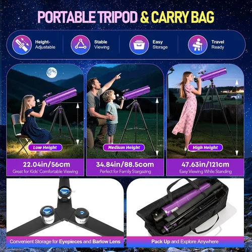 Vista 6 de Telescope for Adults & Kids, 90mm Aperture 600mm Refractor Telescope for Astronomy Beginners, Portable Travel Telescopes with Tripod, Phone Adapter