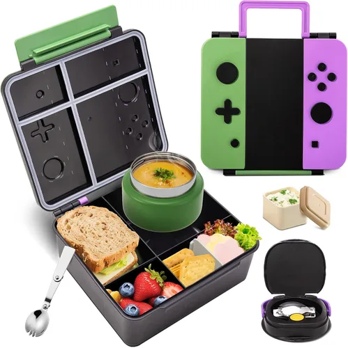 Vista 8 de Caja Bento Game para niños, lonchera con termo (tarro de comida de 9 onzas), cuchara plegable, divisor extraíble y taza de salsa, lonchera infantil