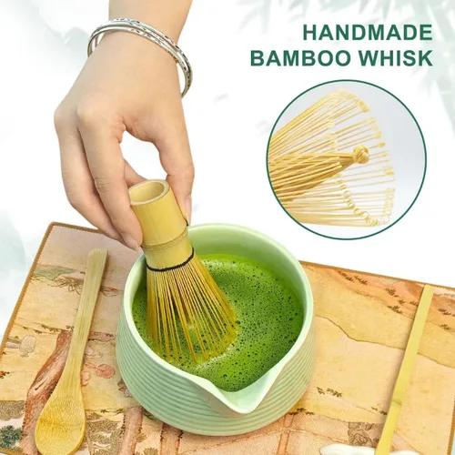 Vista 5 de Juego de batidor de matcha, cuenco de matcha con boquilla, soporte para cepillo de té, tamiz de acero inoxidable, soporte para batidor de matcha