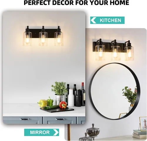 Vista 8 de Lámparas de baño de 3 luces, modernas luces de tocador negras para accesorios de iluminación de baño, accesorios de iluminación sobre espejo