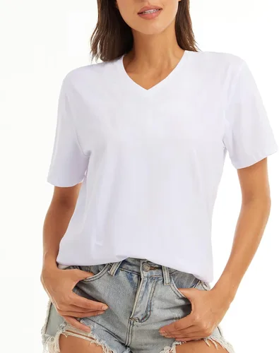 Vista 2 de LOVFEE Camiseta básica de algodón con cuello en V y manga corta para mujer, holgada, informal, camiseta de verano